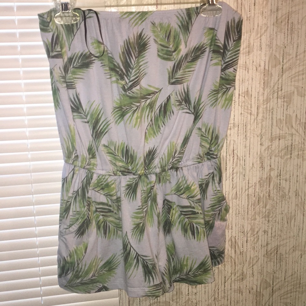 Short strapless fern print blue and green romper